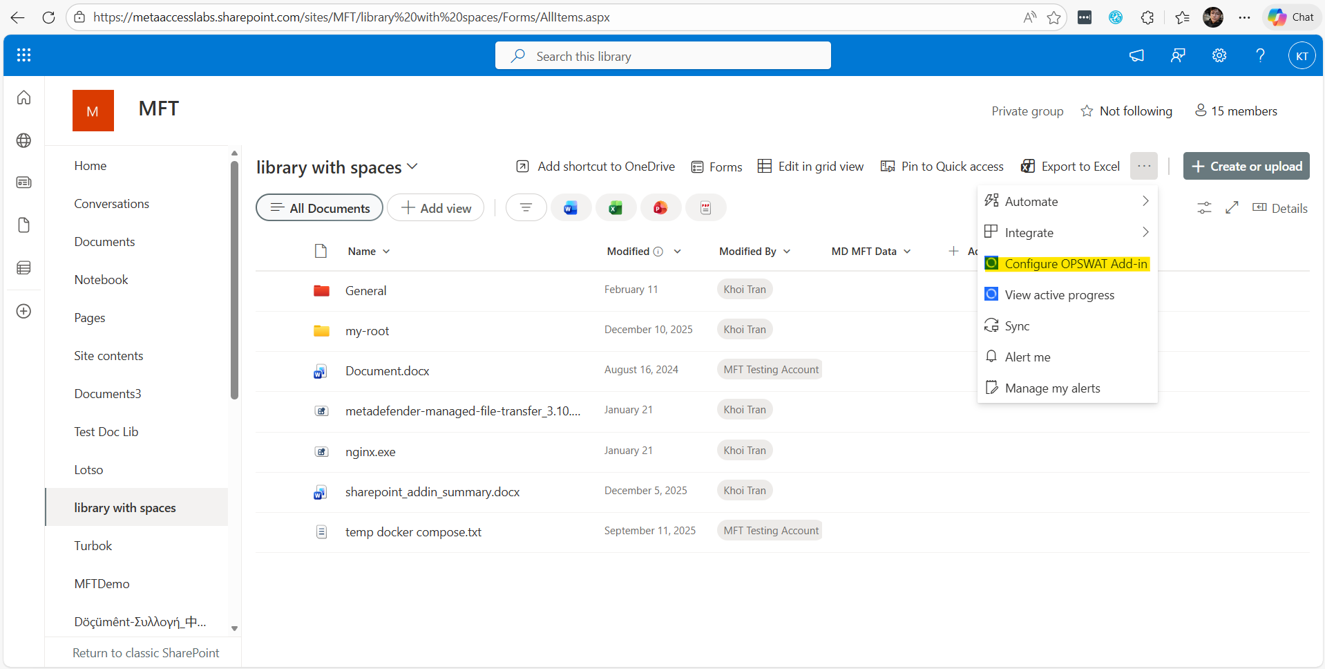 1. At command bar, click "..." (three dots) icon button, then click "Configure OPSWAT Add-in" button