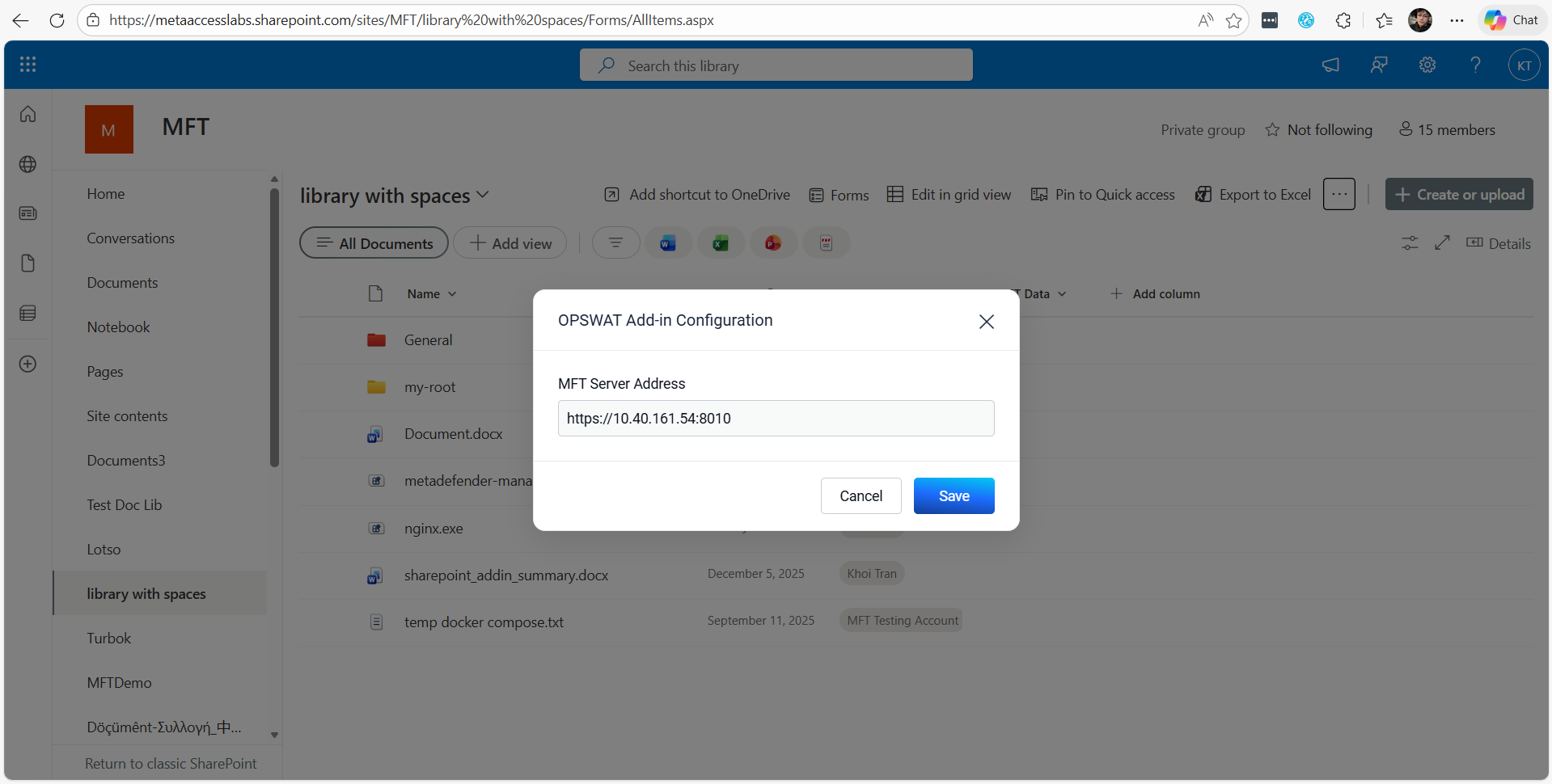 2. Input the MFT Server Address and click Save. This configuration will be applied for all Document Library in your site.