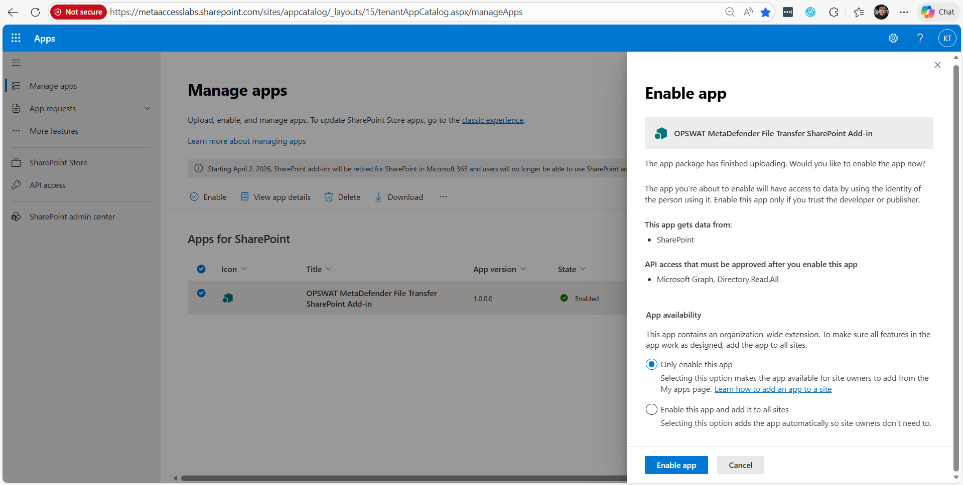 2. Enable app: A right modal will show up after you upload the package to guide you enable the app

Tips: Select the "Only enable this app" then manually apply it to your specific site later. This will save your time on the whole deployment process.