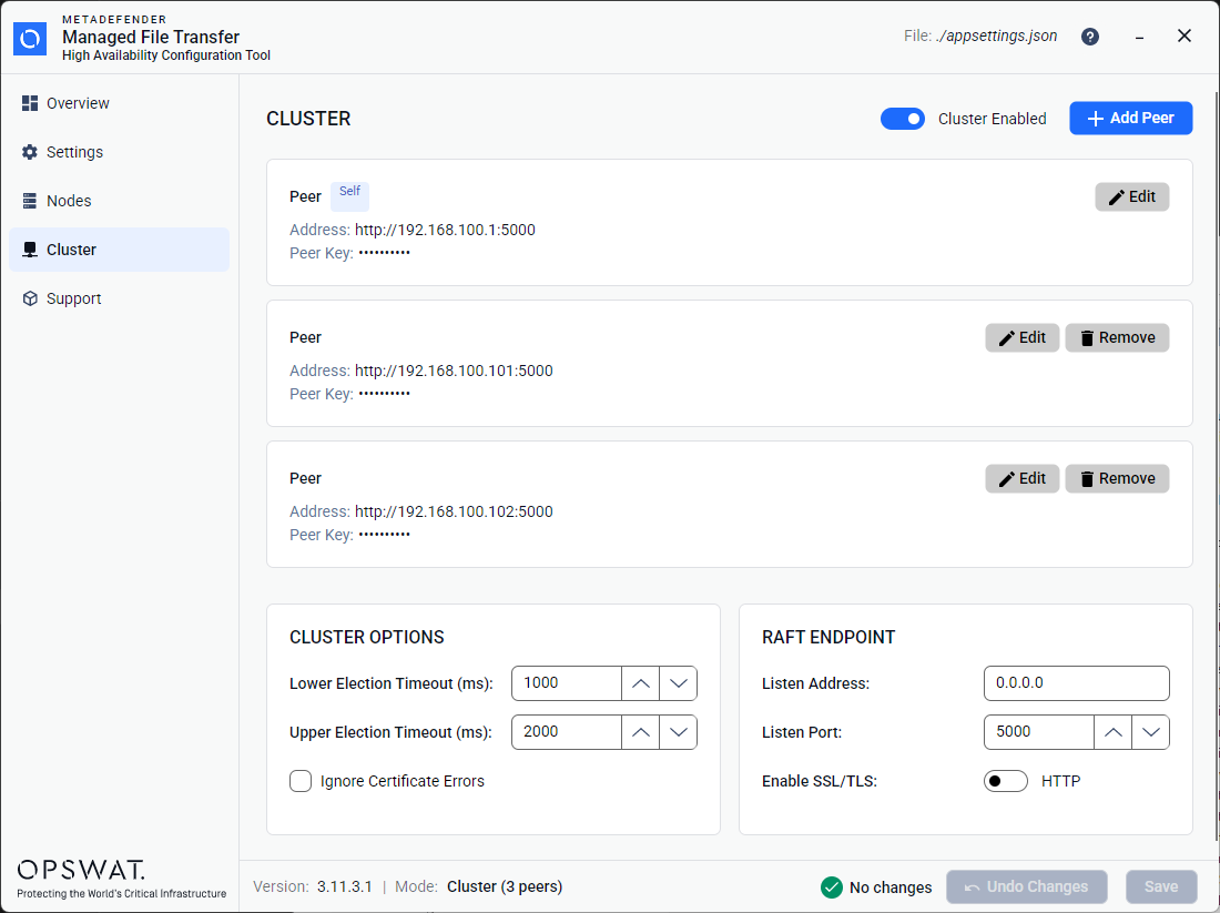 Cluster page - Enabled and configured peers