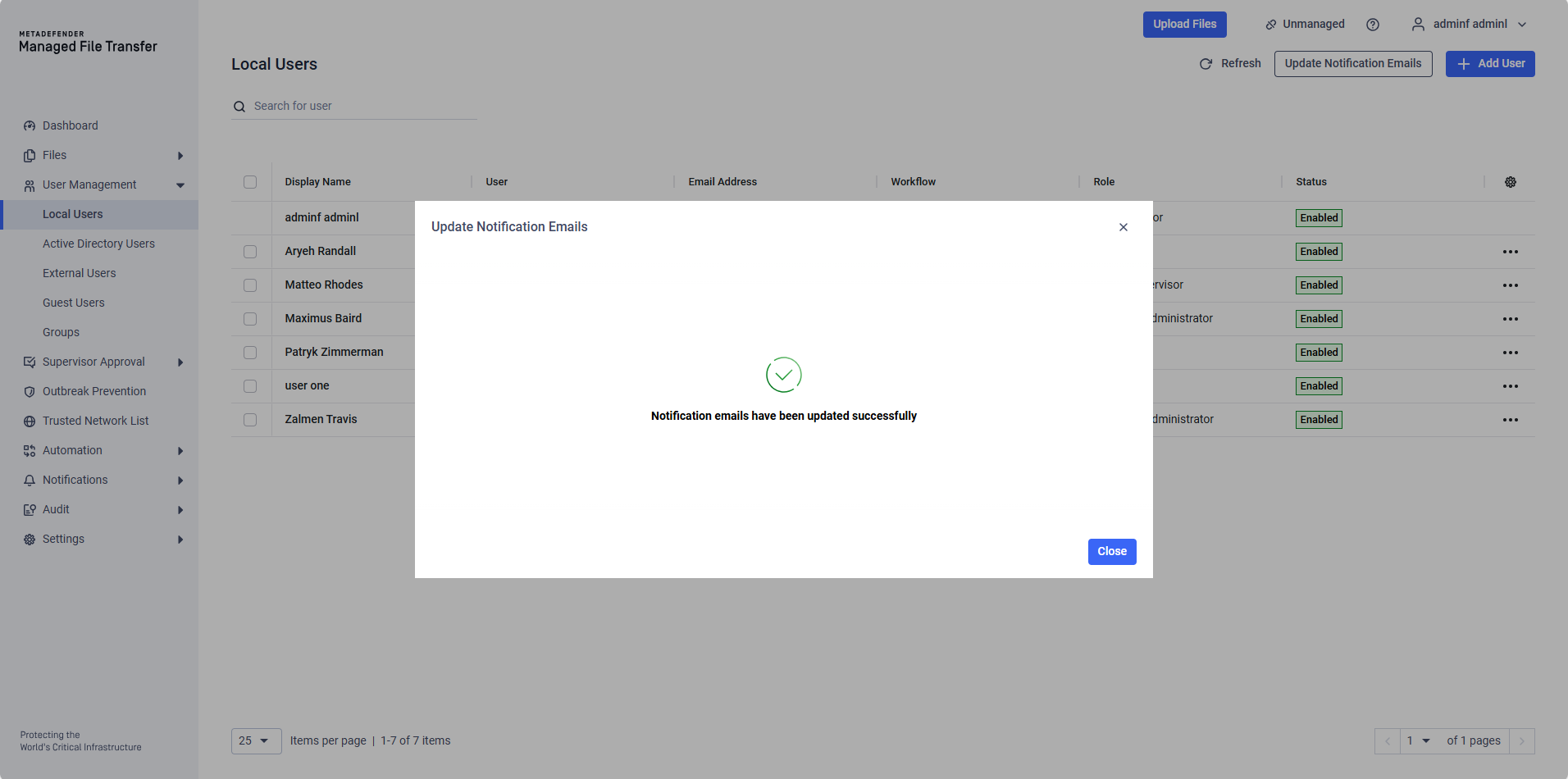 After a successful update a confirmation modal will appear and the modal can be closed.