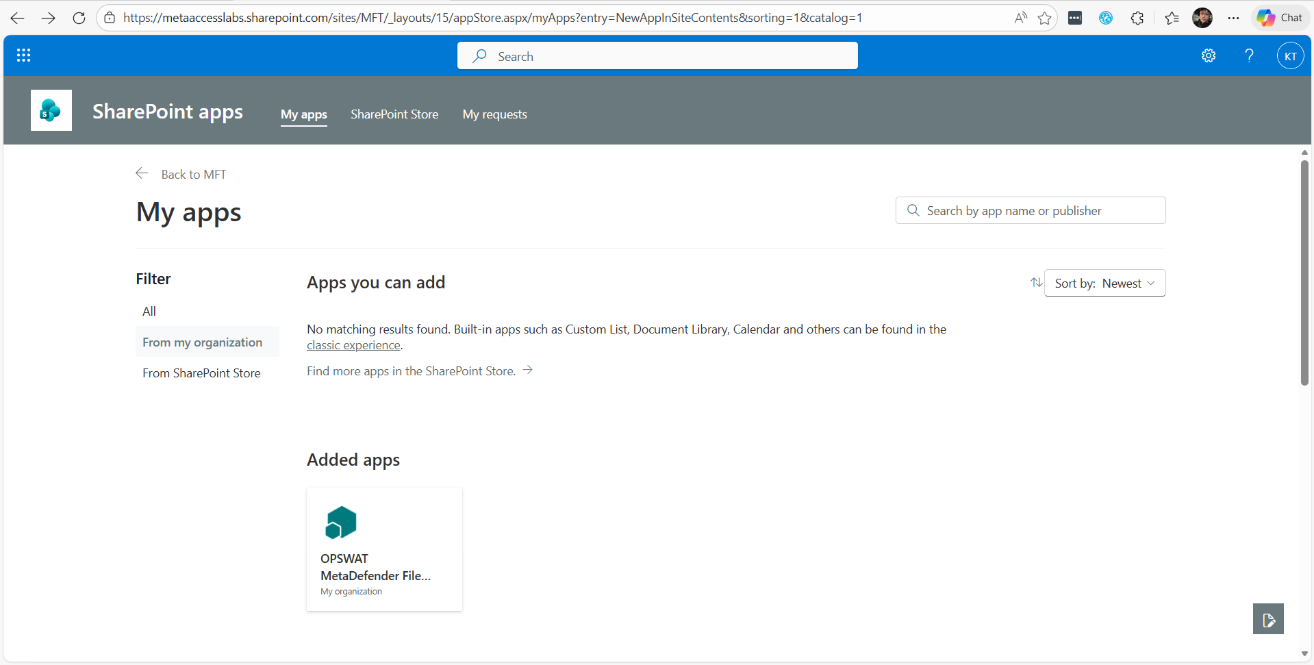 2. At My apps: select "From my organization" filter, you will see all apps that you can install to your site