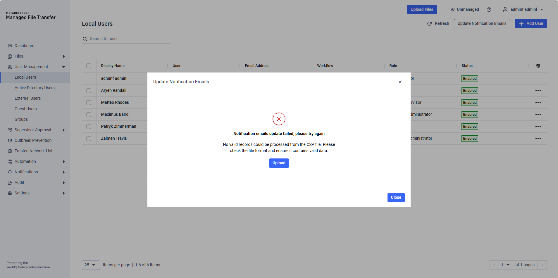 After an unsuccessful update an error modal will appear informing the user about the problem.