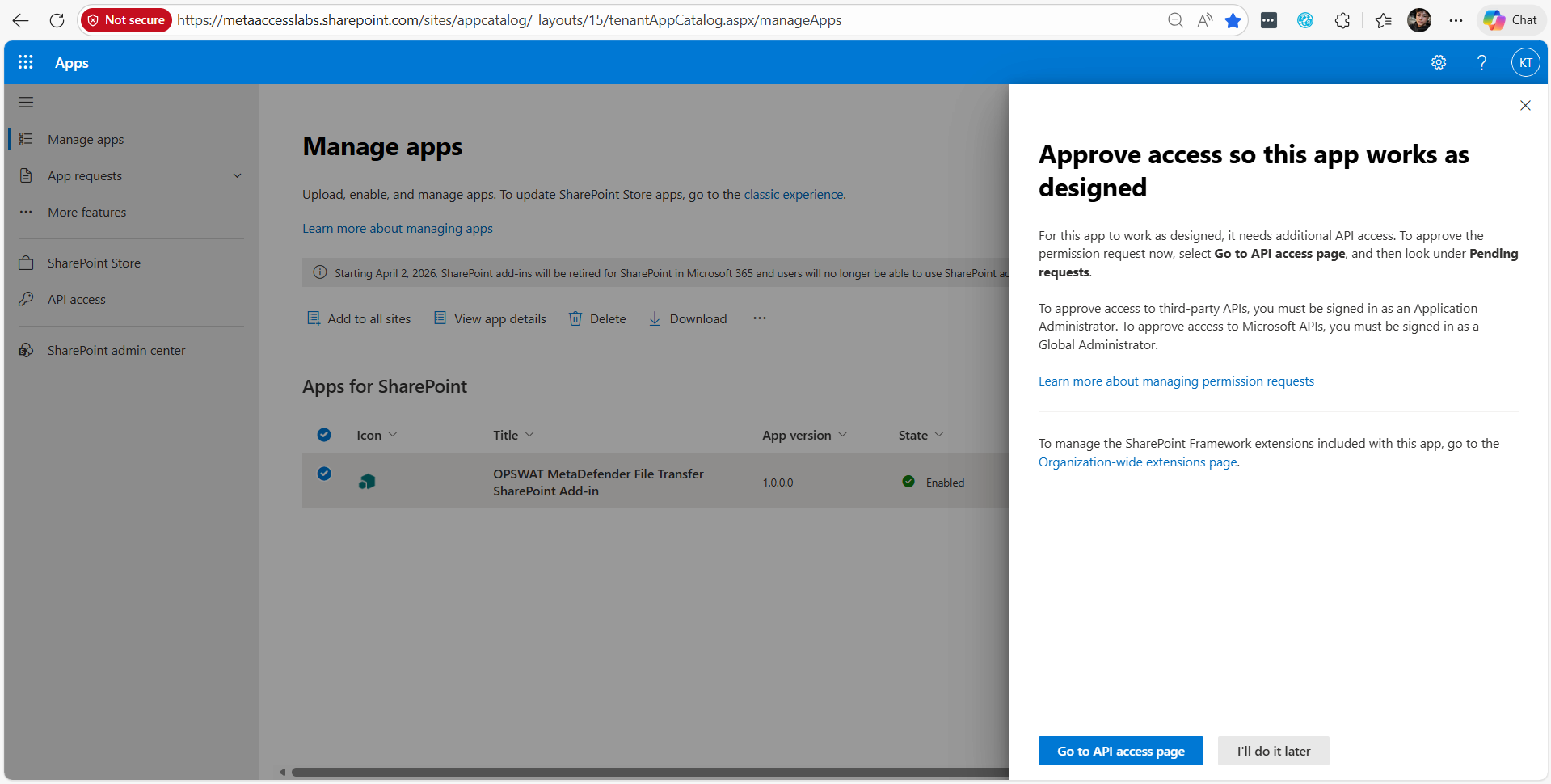 3. Approve access so this app works as designed.

Tips: Click "Go to API access page" then follow the guideline from SharePoint to grant appropriate permissions.