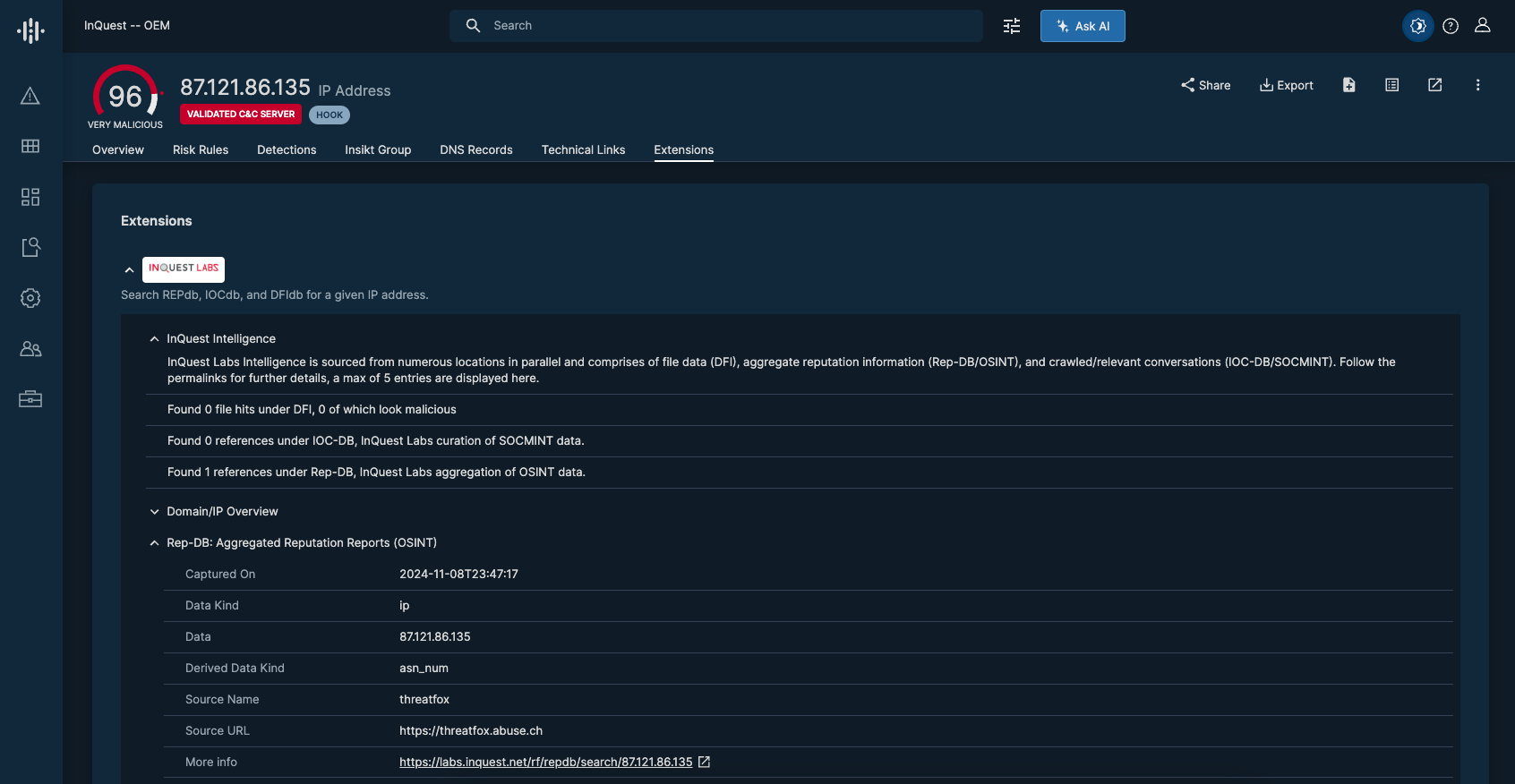 InQuest Labs threat intelligence extension in Recorded Future Intelligence Portal