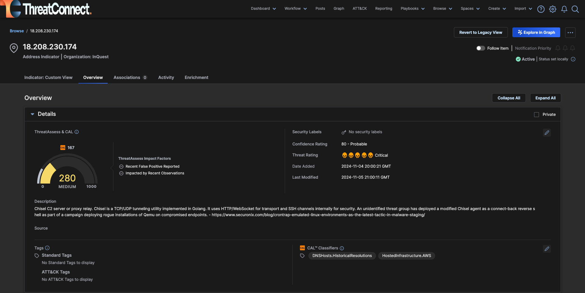 Sample MetaDefender InSights indicator in ThreatConnect Platform