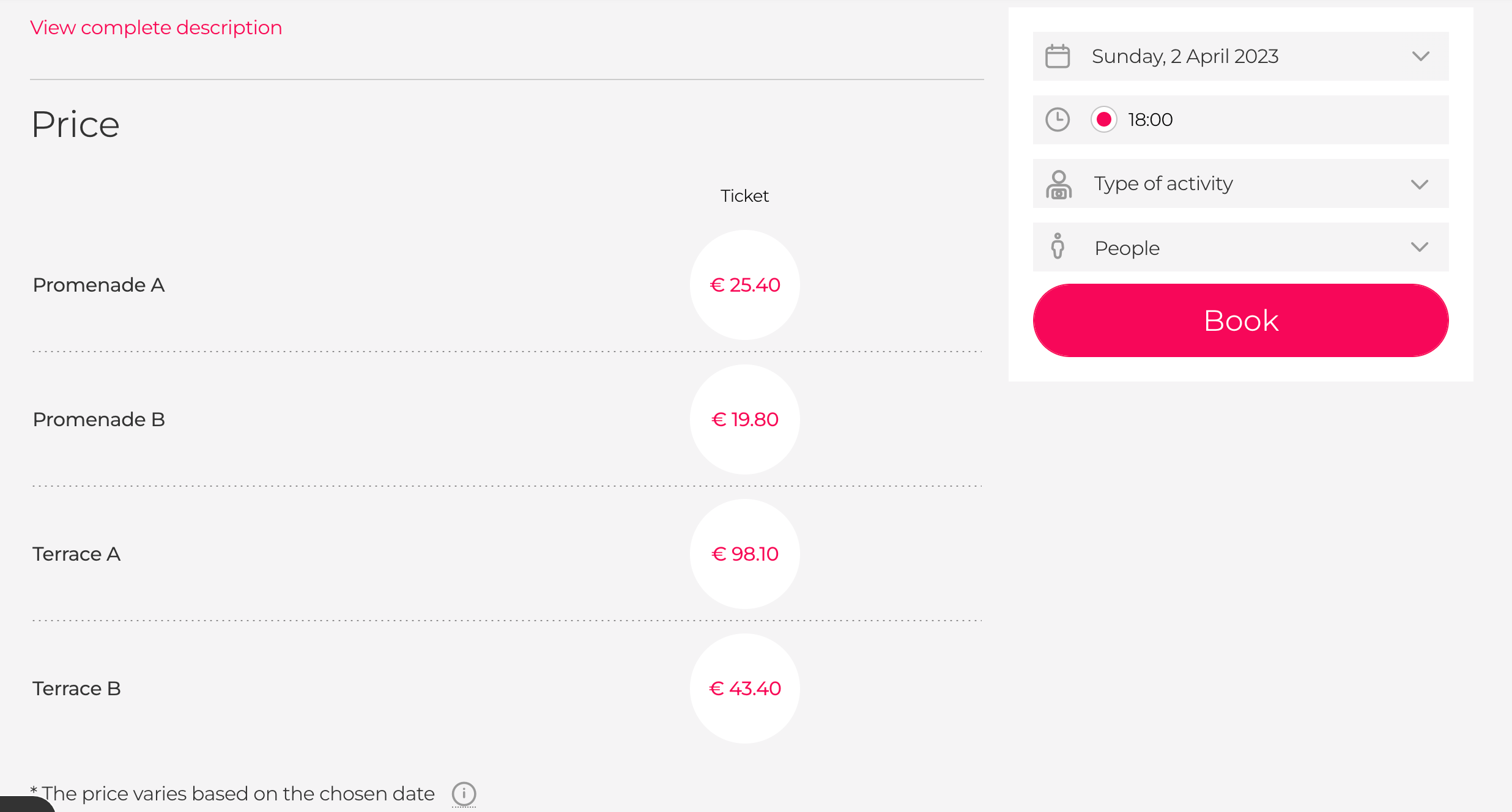 In this case, the Reseller does not display the opponent team name associated with the match date and availability. The product rates listing is only for the areas / sections and price points