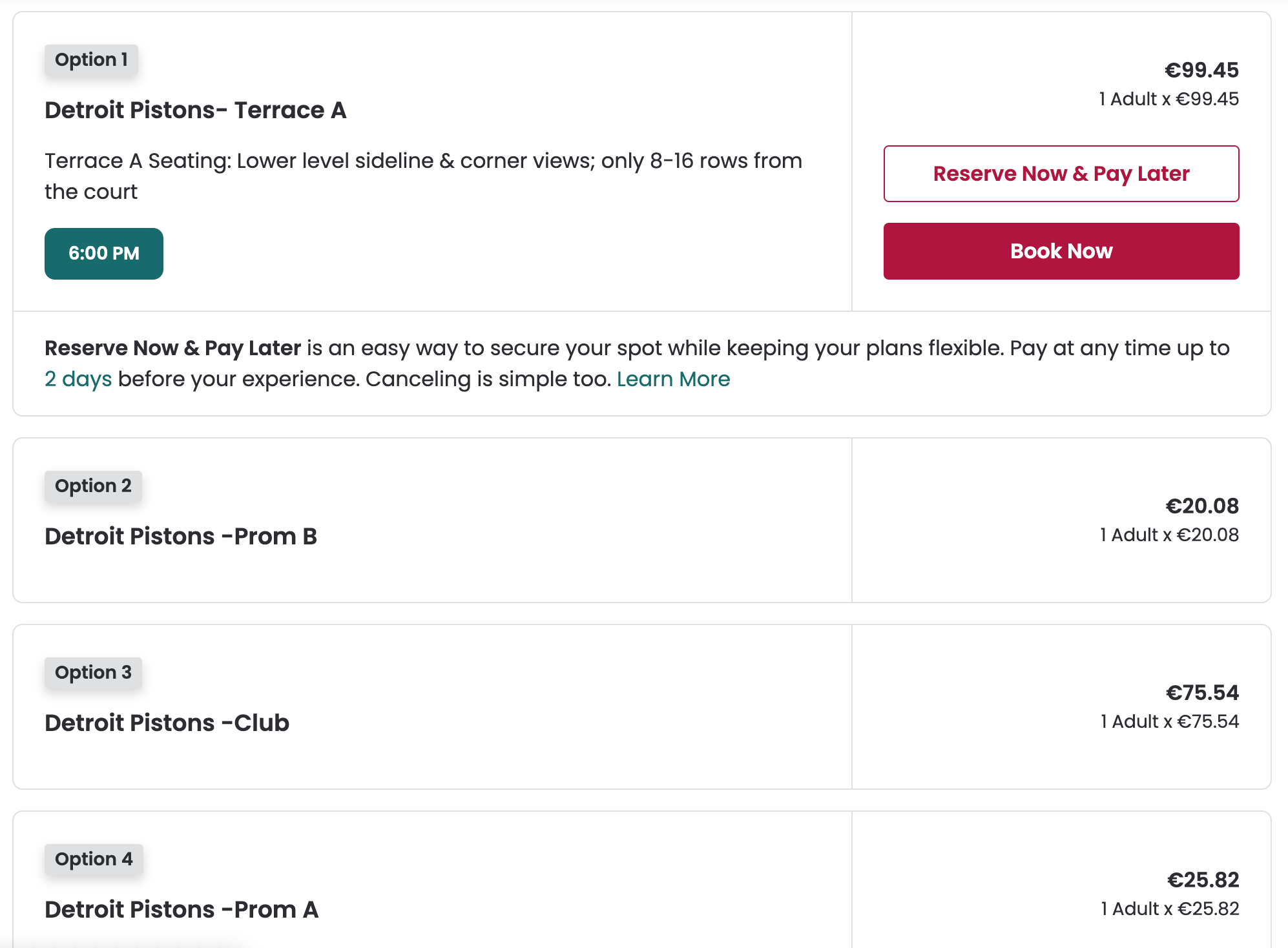 Depending on the date selected, the Reseller can display the opponent team name with the match date and availability. The opponent name is attached to the different areas / sections and price point rates.