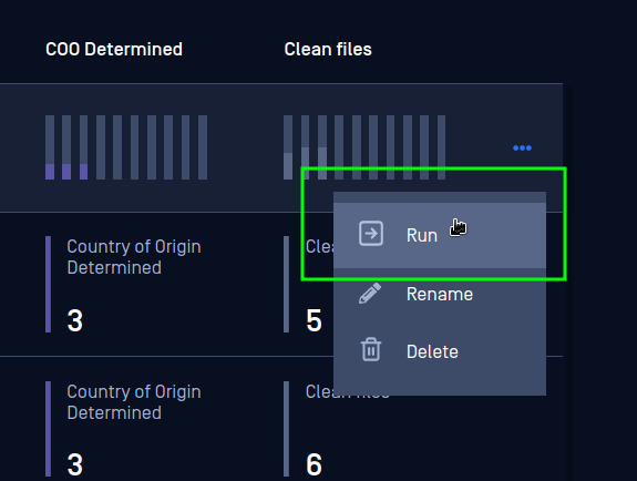 The workflow menu where you can run, rename, or delete a workflow