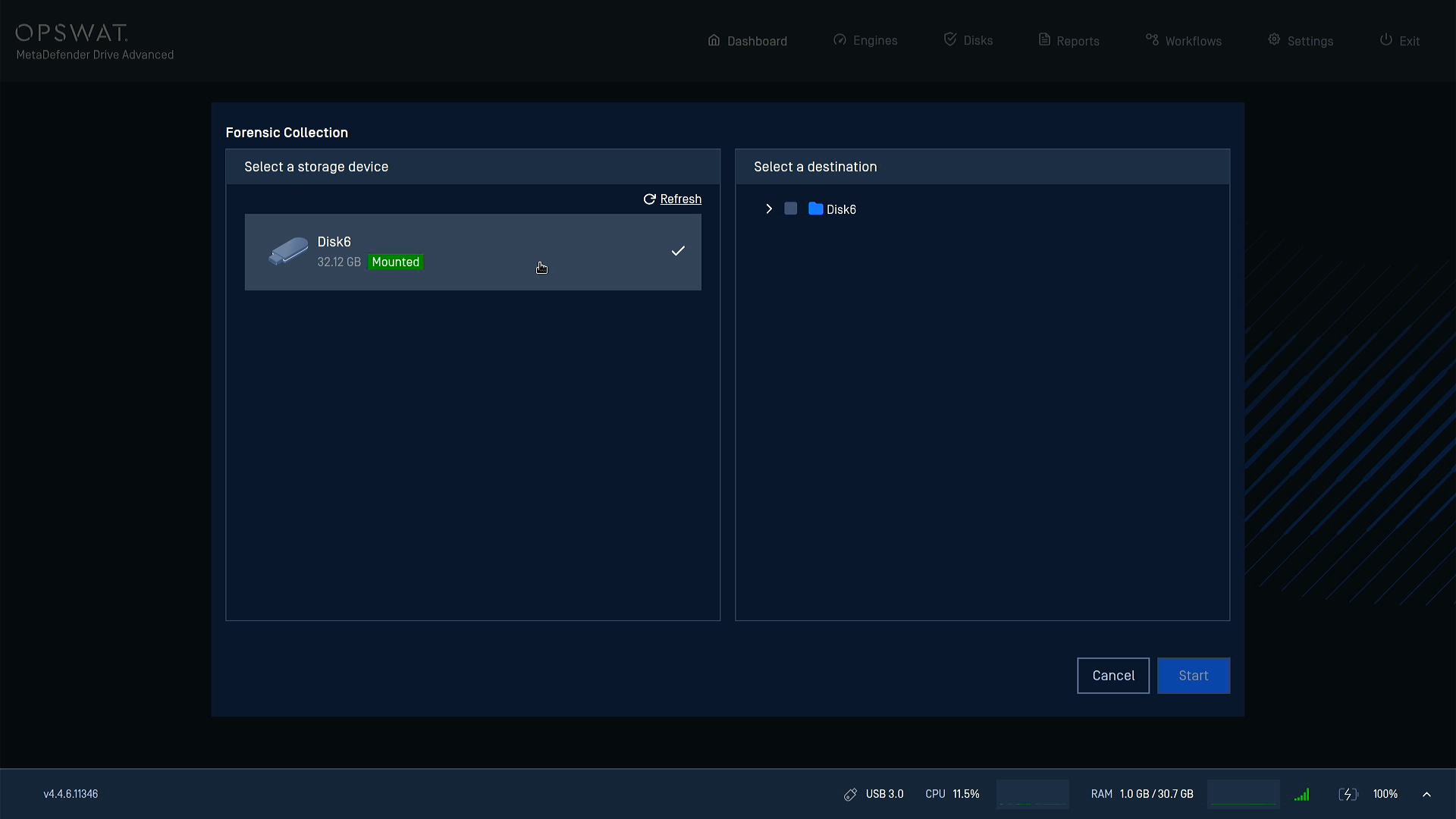 Storage device selected and destination folder tree shown
