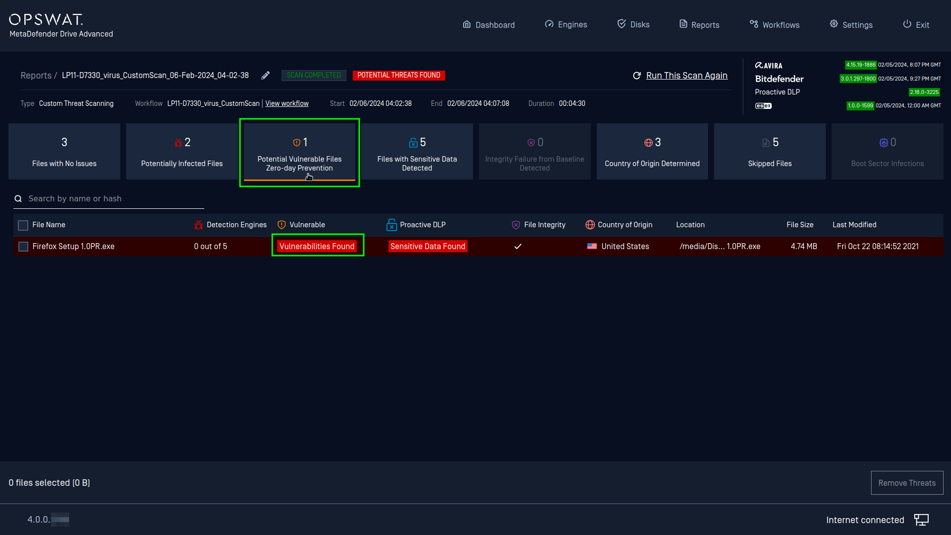 The view of a detected file with potential zero-day vulnerability