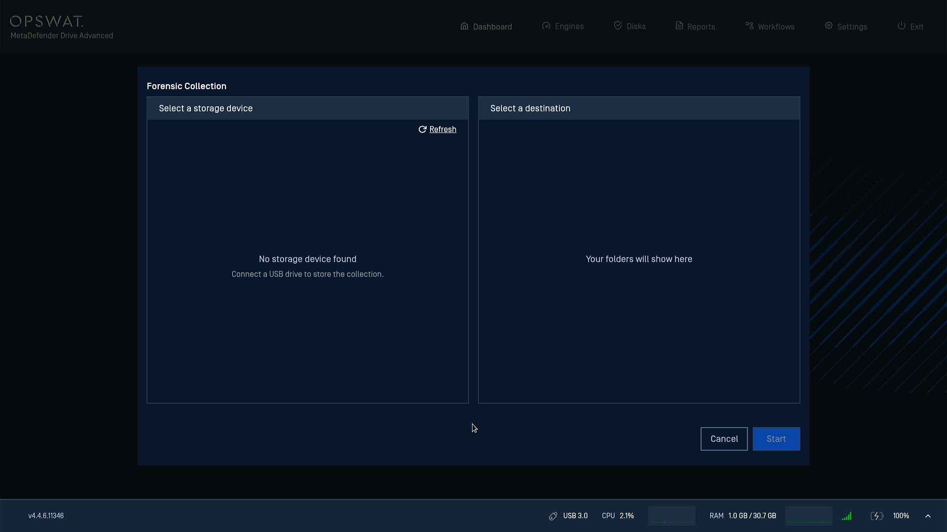 Select a storage device - no device connected