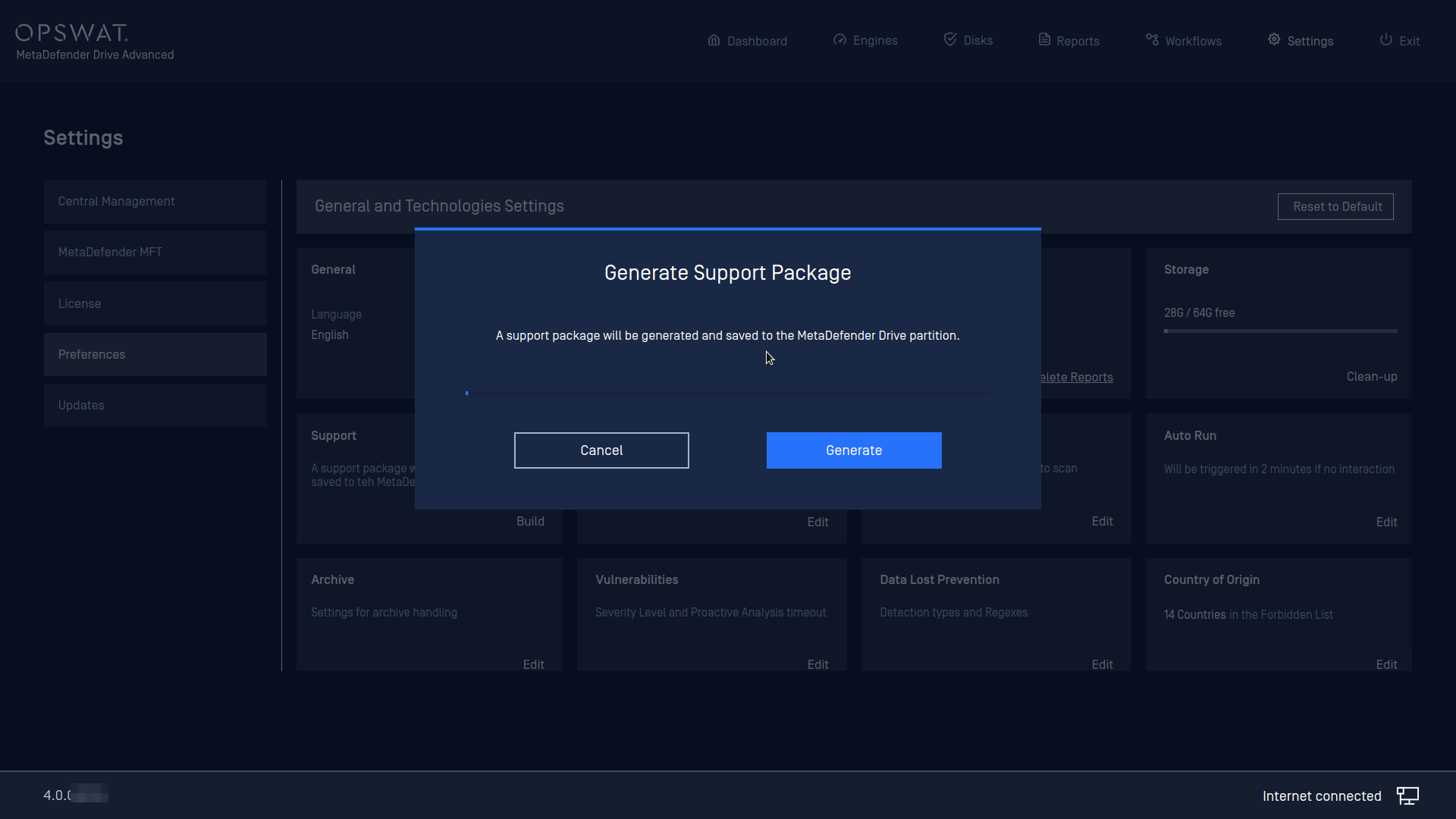 Confirmation prompt of generating a Support Package while MetaDefender Drive is running