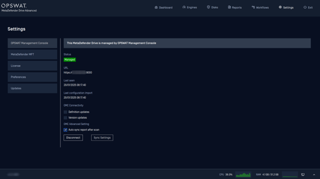 MetaDefender Drive - OPSWAT Management Console connection status