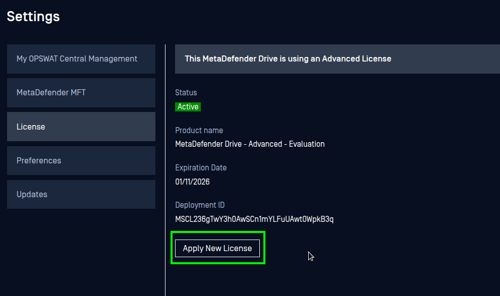 _MetaDefender Drive license settings page_