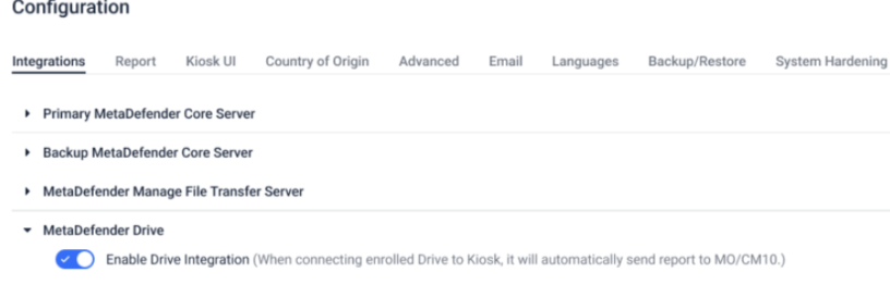 Enabling MetaDefender Drive integration from the MetaDefender Kiosk configuration page