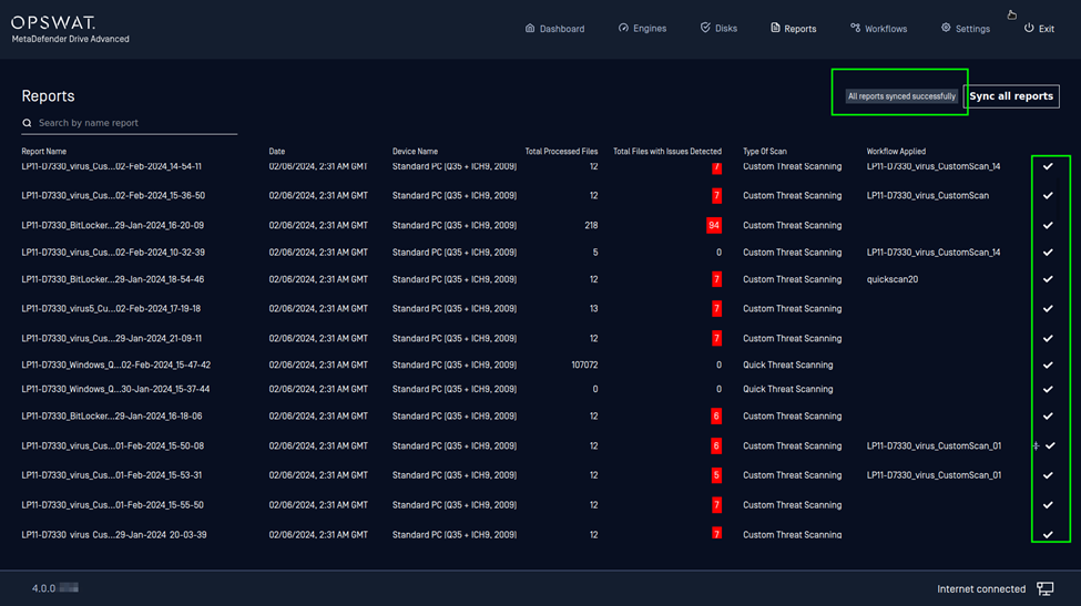 The Reports page showing the status after all reports have been synced with OPSWAT Central Management
