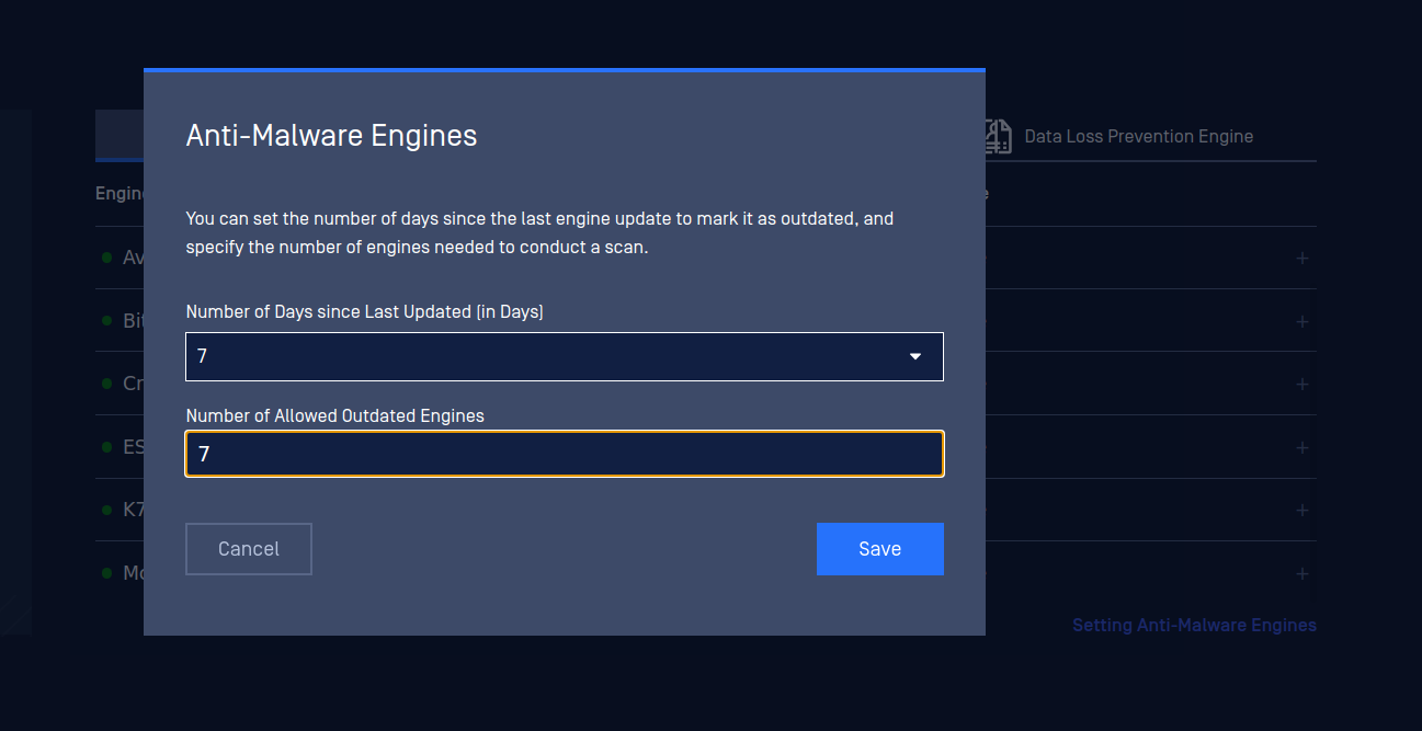 The Anti-malware Engines Policy window