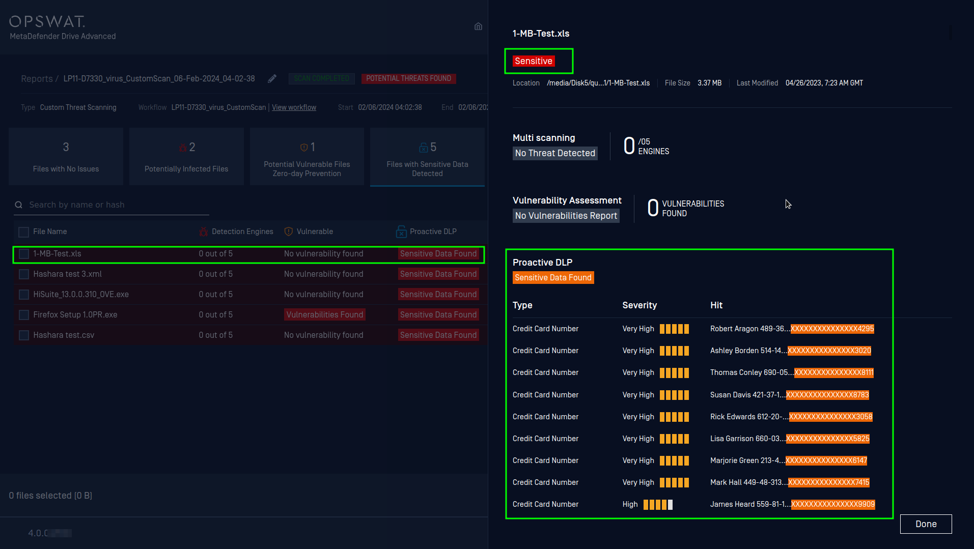 Details of the sensitive data found in one of the detected files