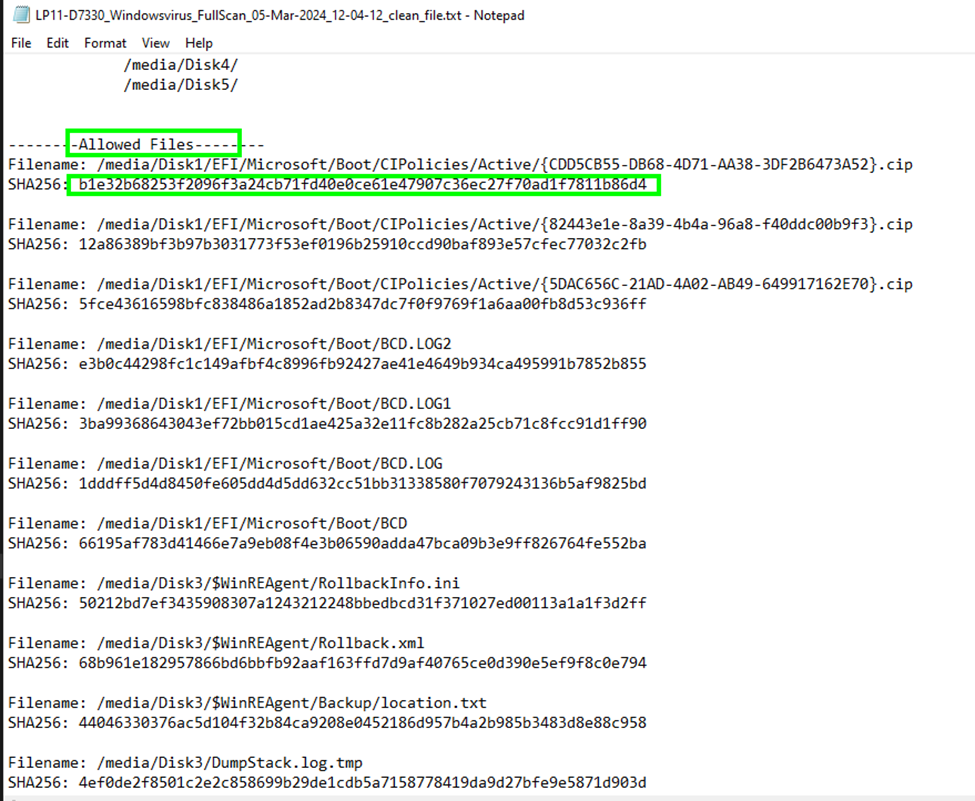 A sample file report with files' hash