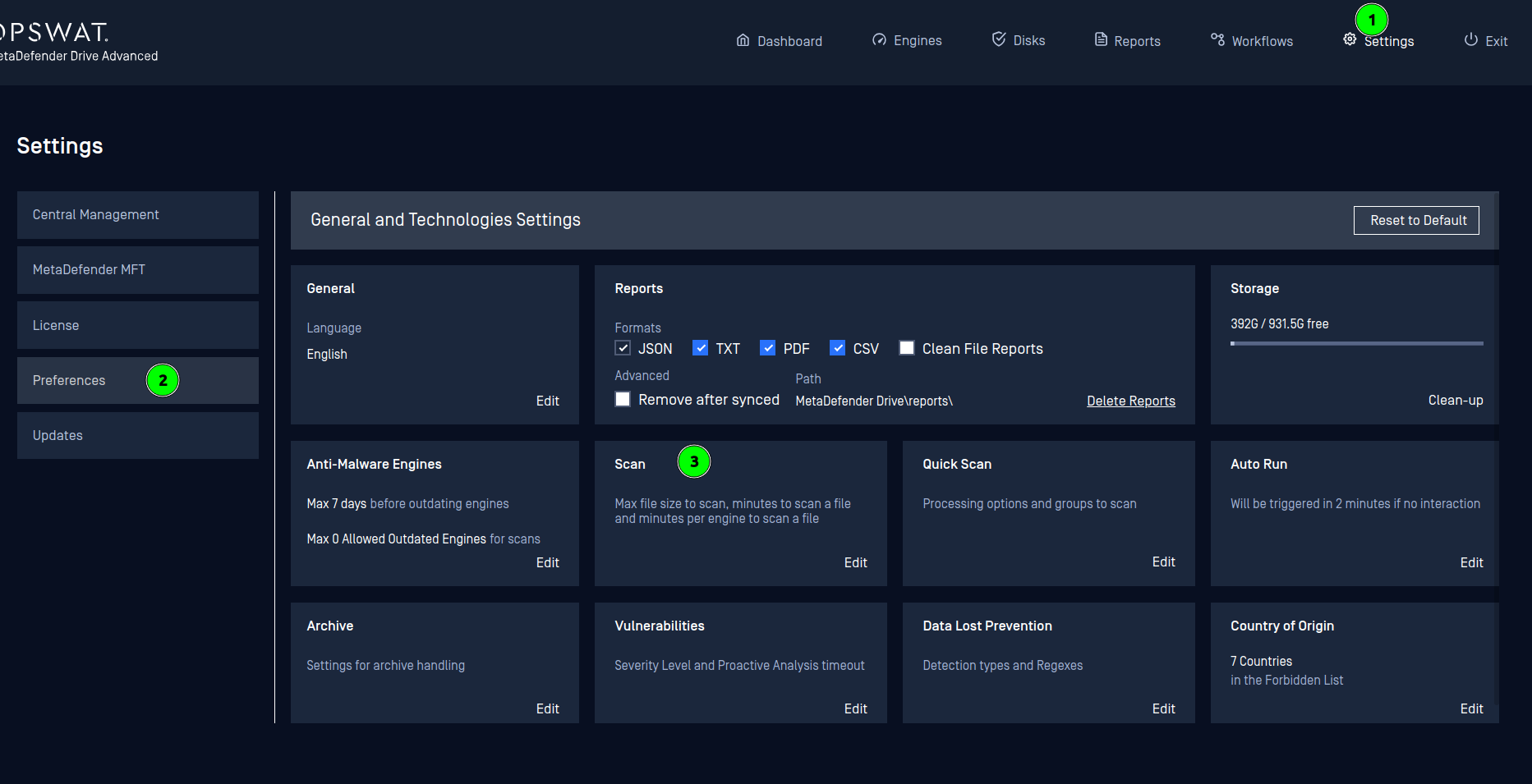 The Preferences page