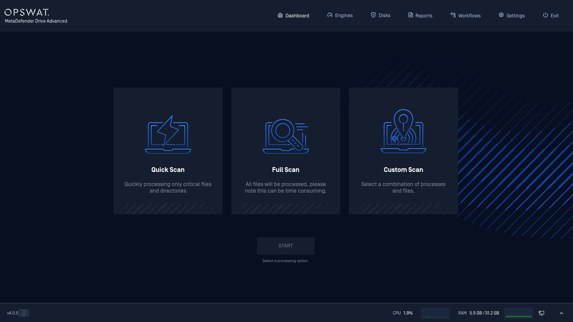 Dashboard page showing the 3 available scan options