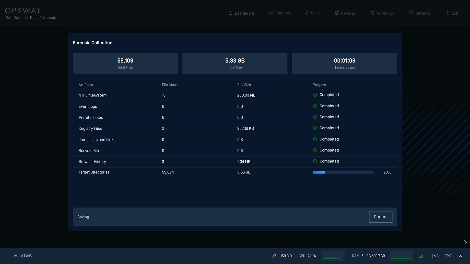 Collection in progress with per-artifact breakdown