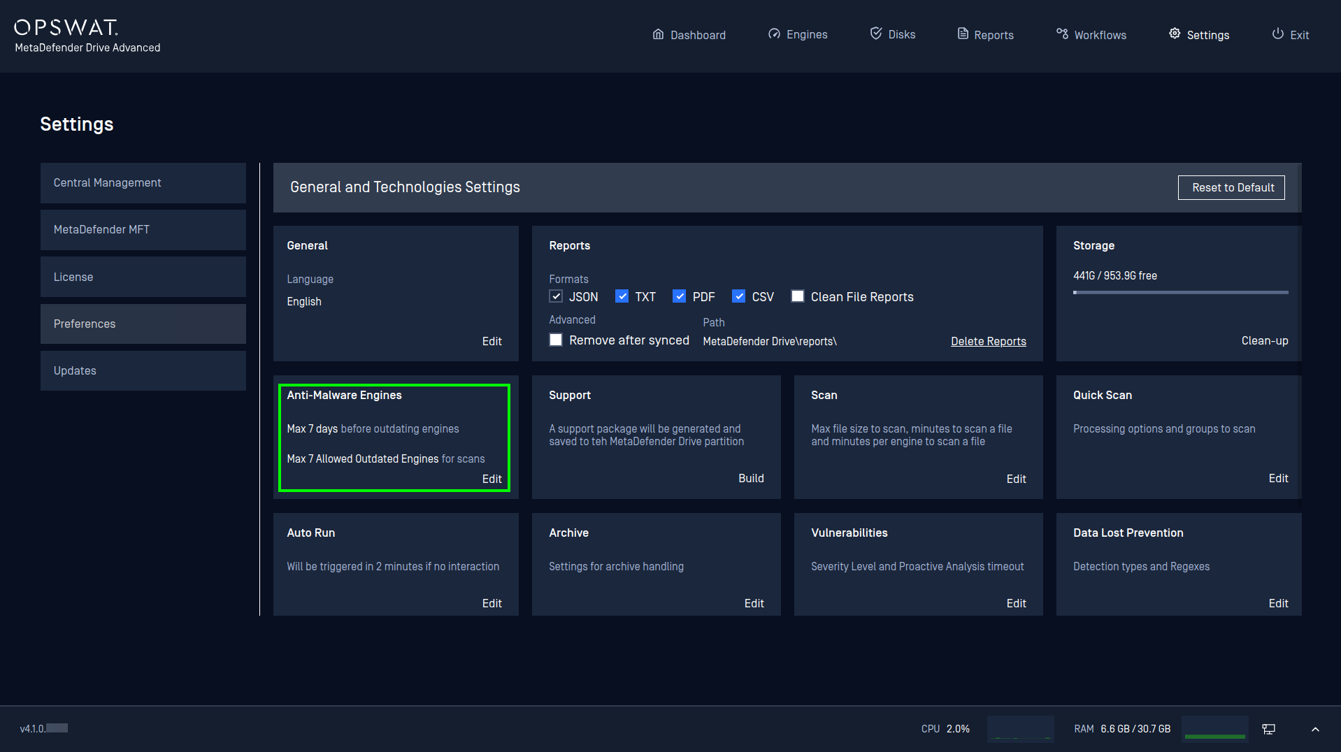 The Anti-malware Engines Policy in the system settings