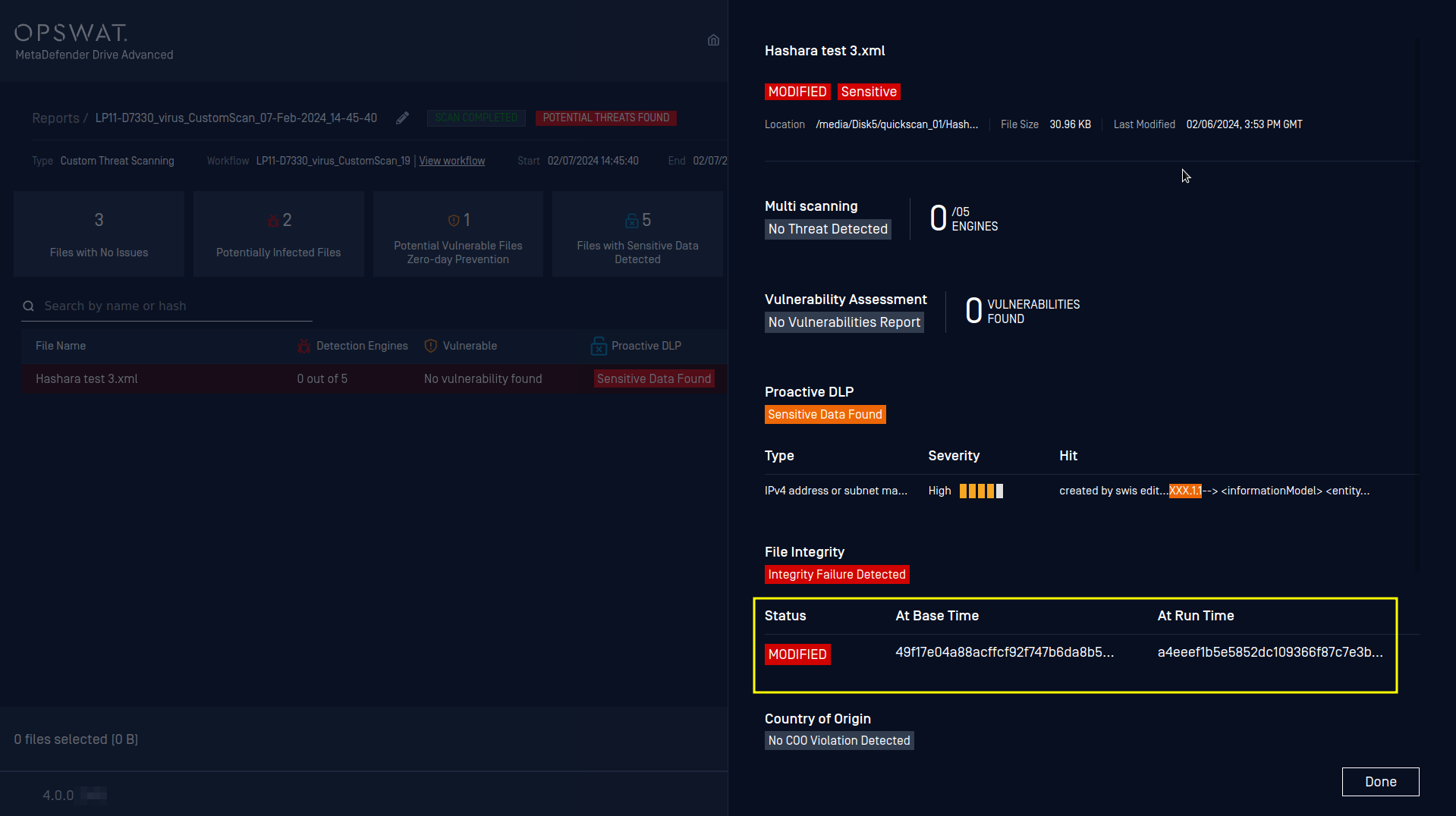 Detected a file that was modified with sensitive data after comparing it to the baseline report