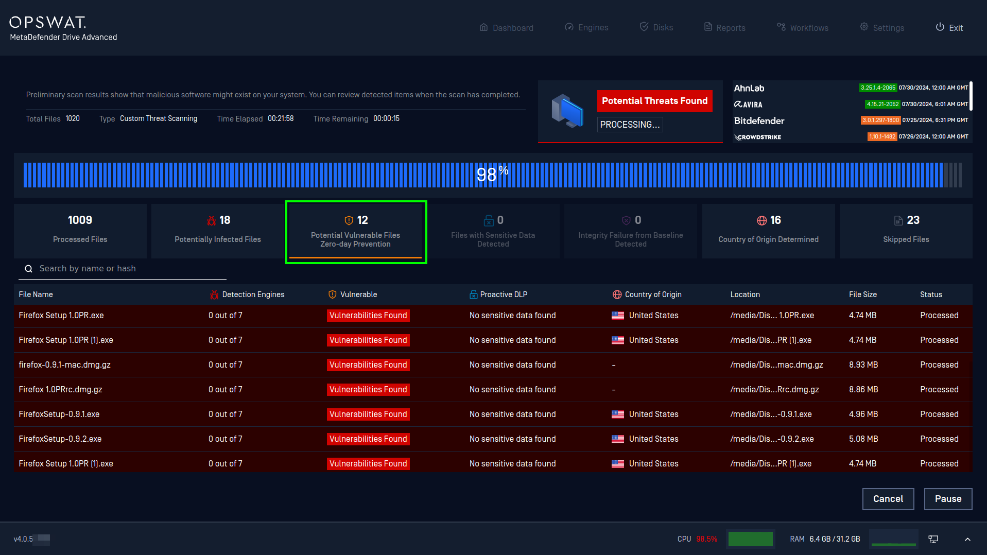 A scan in progress with 12 **Potentially Vulnerable Files** detected that might be a reason for a Zero Day Exploit