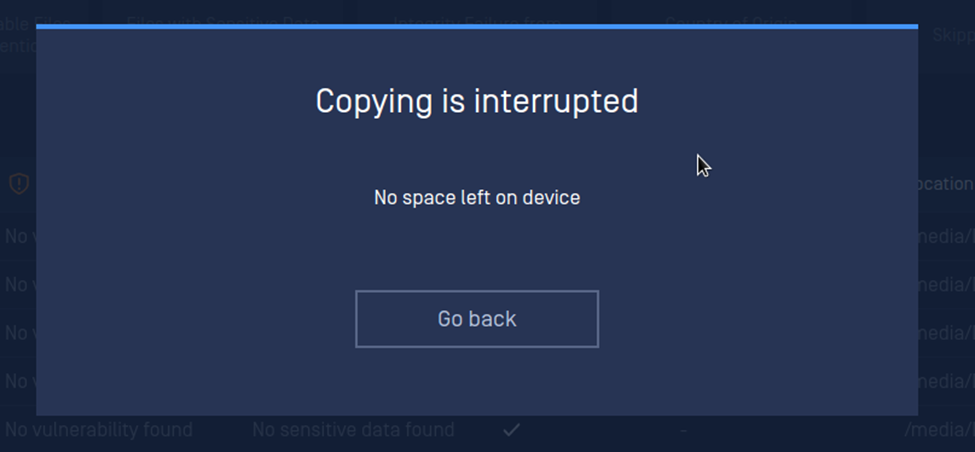 Data transfer to an external USB drive failure prompt