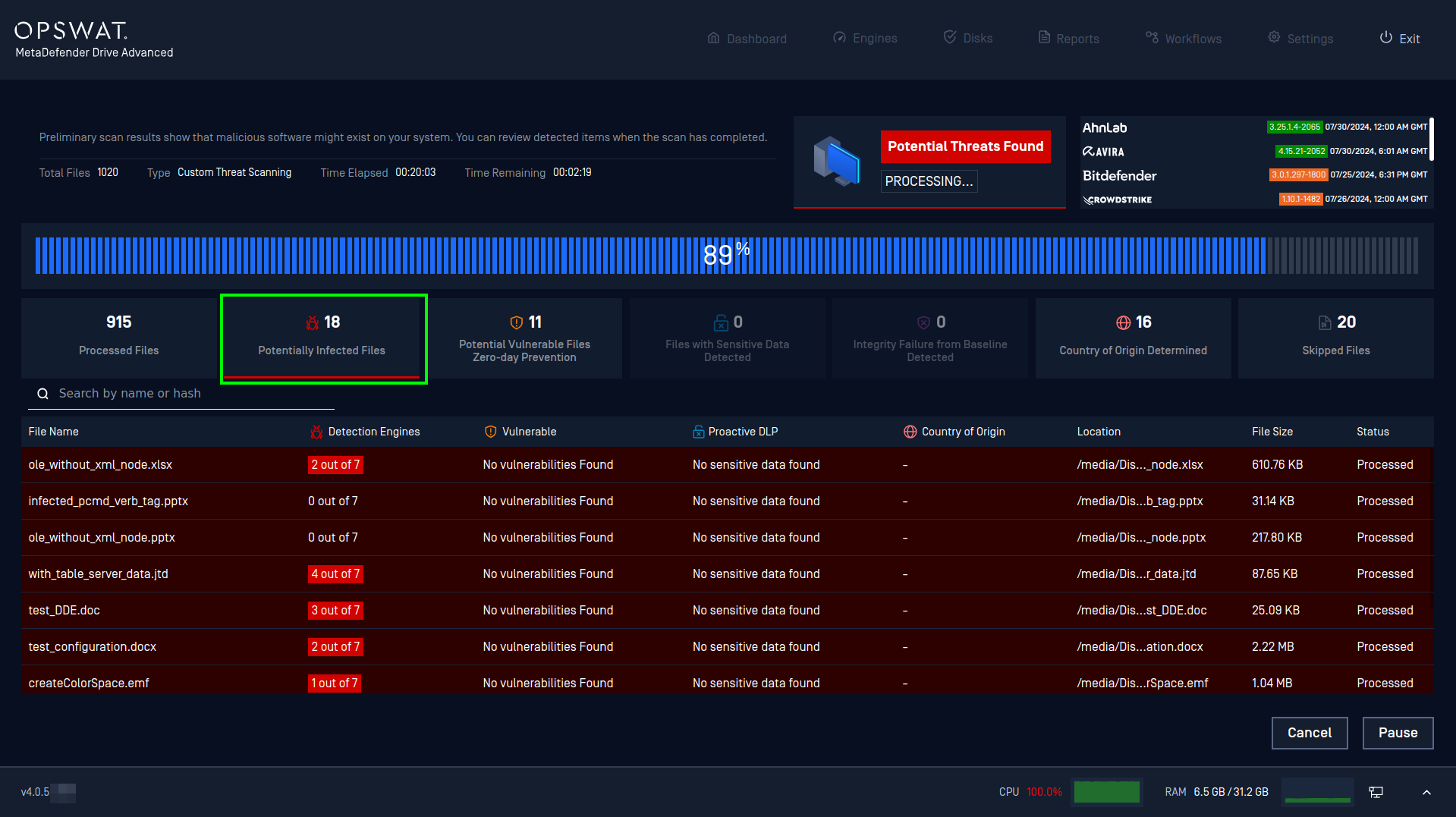 A scan in progress with 18 **Potentially Infected Files** detected