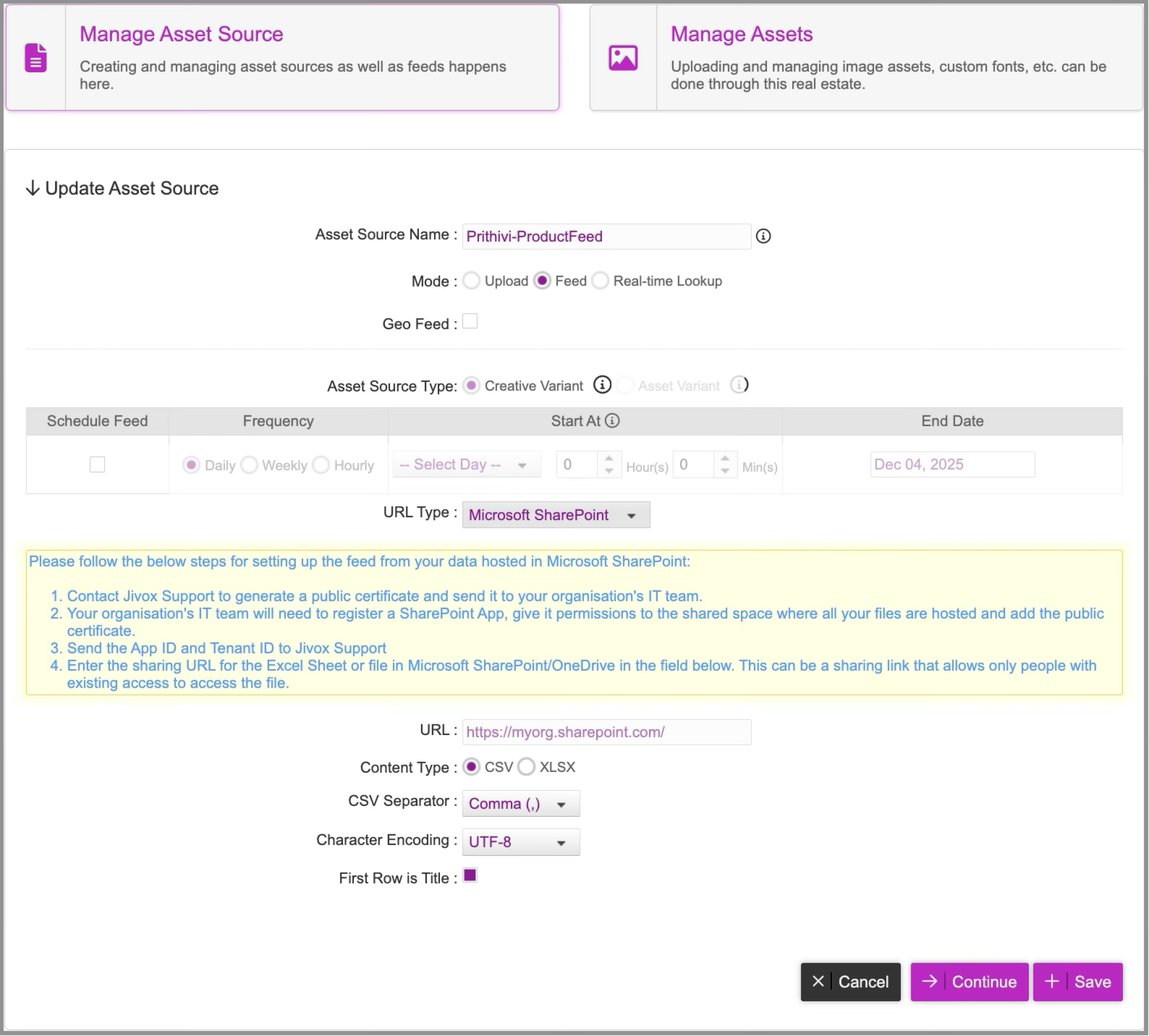 Importing Asset Source as Feed - Jivox Documentation